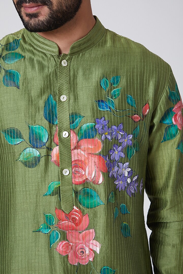 Mehendi Green Silk Floral Printed Kurta by YAJY By Aditya Jain at Pernia's Pop Up Shop