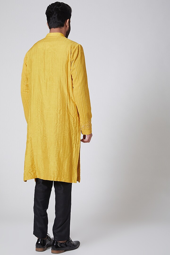 Yellow Silk Chikankari Embroidered Kurta by YAJY By Aditya Jain at Pernia's Pop Up Shop