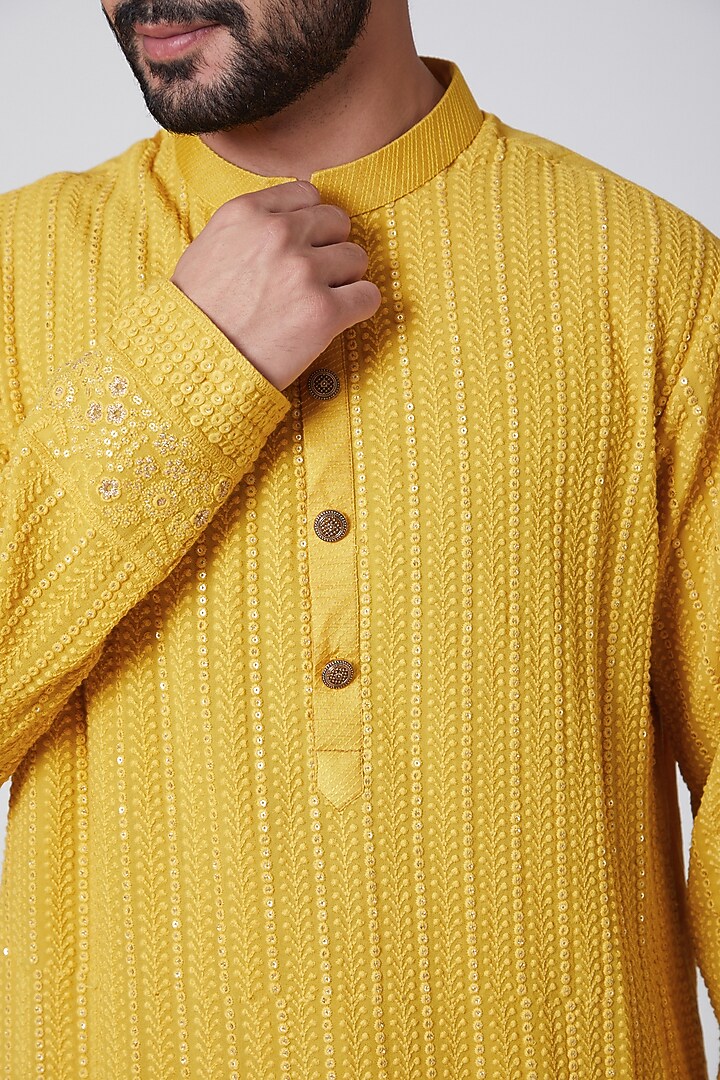 Yellow Silk Chikankari Embroidered Kurta by YAJY By Aditya Jain at Pernia's Pop Up Shop