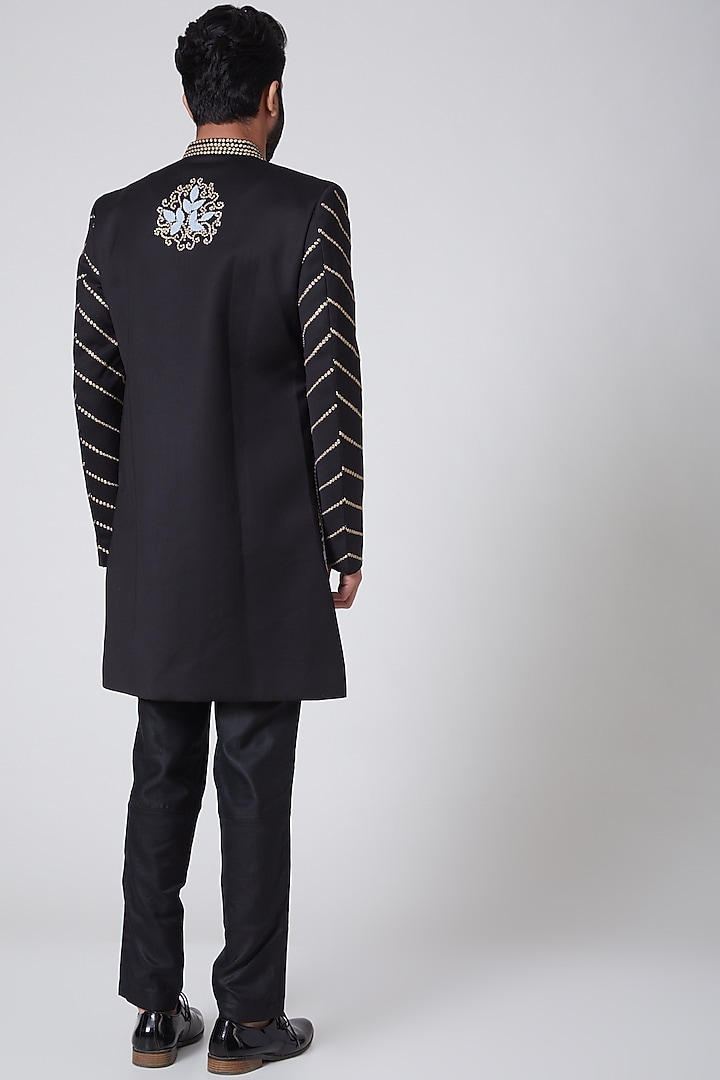Black Raw Silk Thread Embroidered Wedding Indowestern by YAJY By Aditya Jain at Pernia's Pop Up Shop