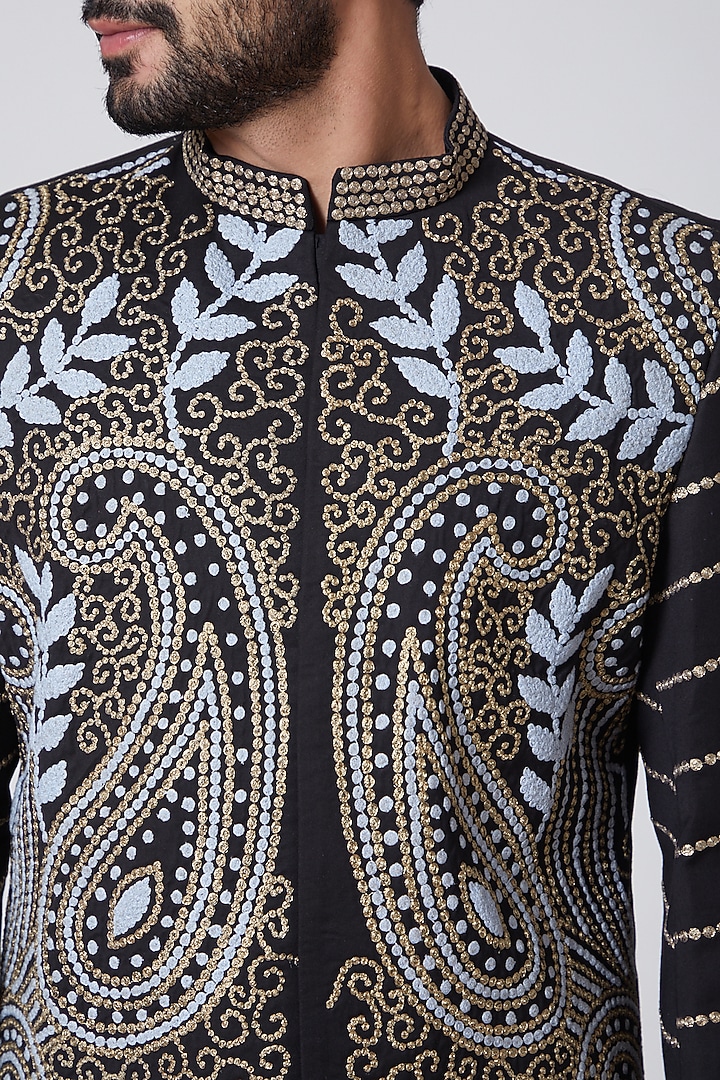 Black Raw Silk Thread Embroidered Wedding Indowestern by YAJY By Aditya Jain at Pernia's Pop Up Shop