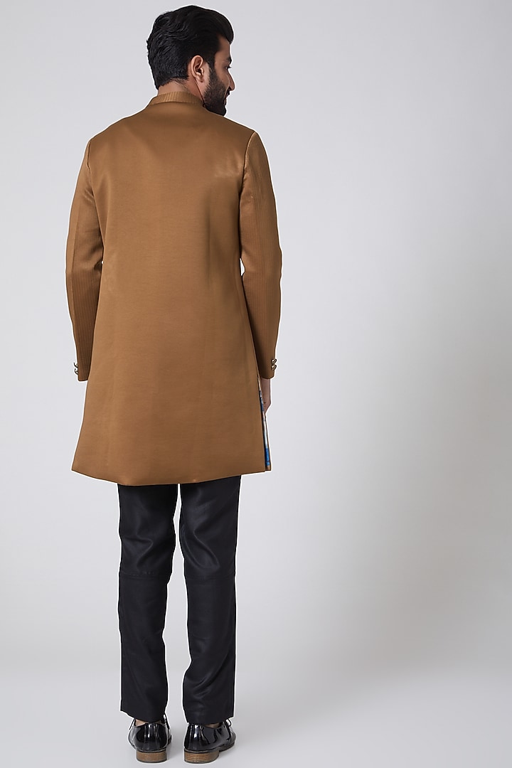 Brown Italian Suiting Asymmetric Indo-Western Jacket by YAJY By Aditya Jain at Pernia's Pop Up Shop