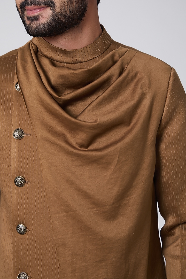 Brown Italian Suiting Asymmetric Indo-Western Jacket by YAJY By Aditya Jain at Pernia's Pop Up Shop