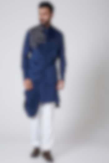 Midnight Blue Asymmetric Draped Kurta With Suede Jacket by YAJY By Aditya Jain at Pernia's Pop Up Shop