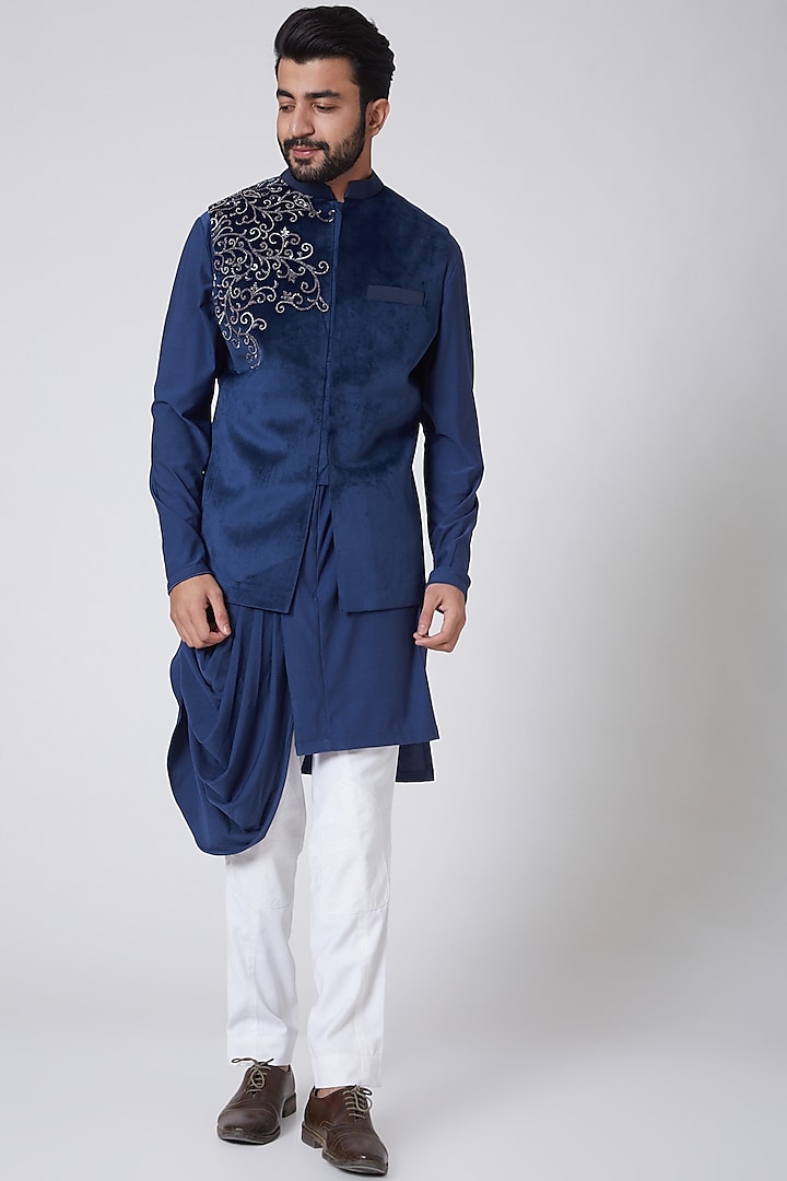 Midnight Blue Asymmetric Draped Kurta With Suede Jacket by YAJY By Aditya Jain