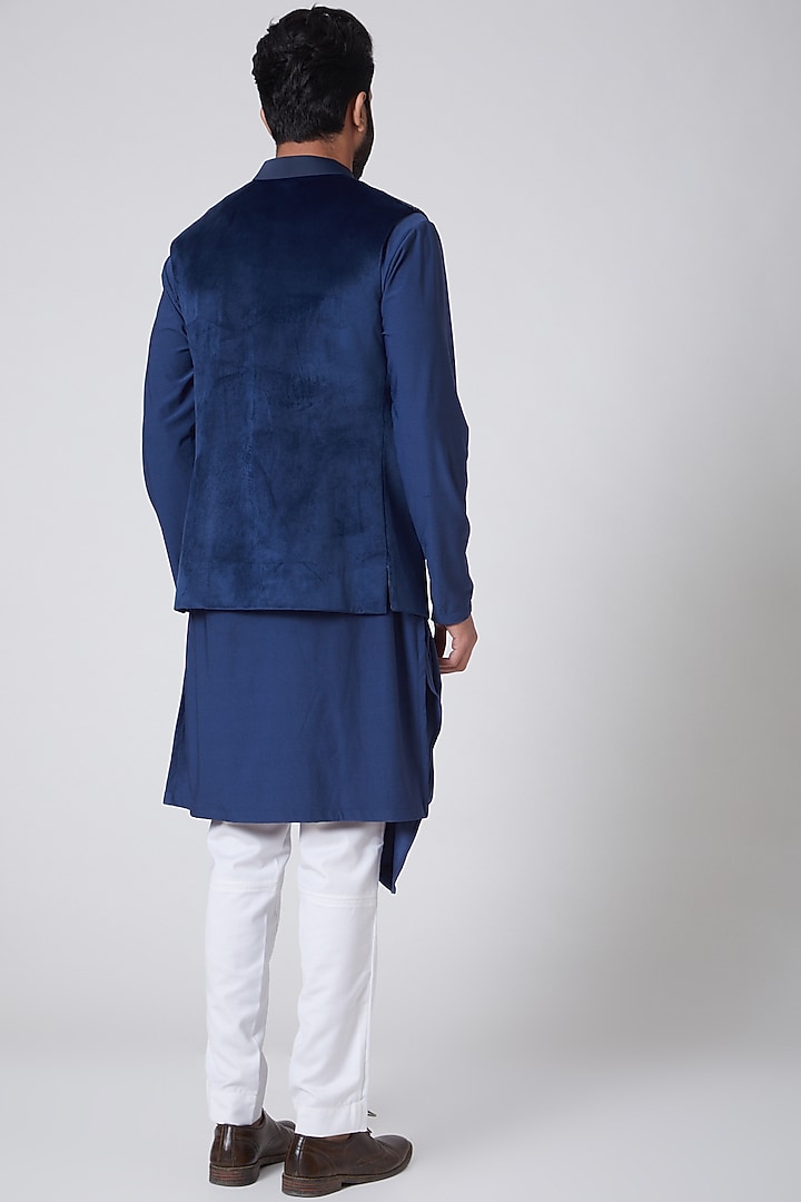 Midnight Blue Asymmetric Draped Kurta With Suede Jacket by YAJY By Aditya Jain at Pernia's Pop Up Shop