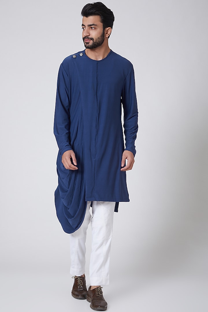 Midnight Blue Asymmetric Draped Kurta With Suede Jacket by YAJY By Aditya Jain at Pernia's Pop Up Shop