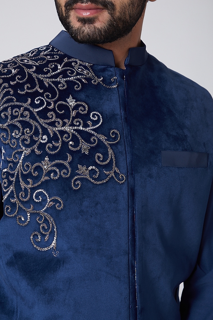 Midnight Blue Asymmetric Draped Kurta With Suede Jacket by YAJY By Aditya Jain at Pernia's Pop Up Shop