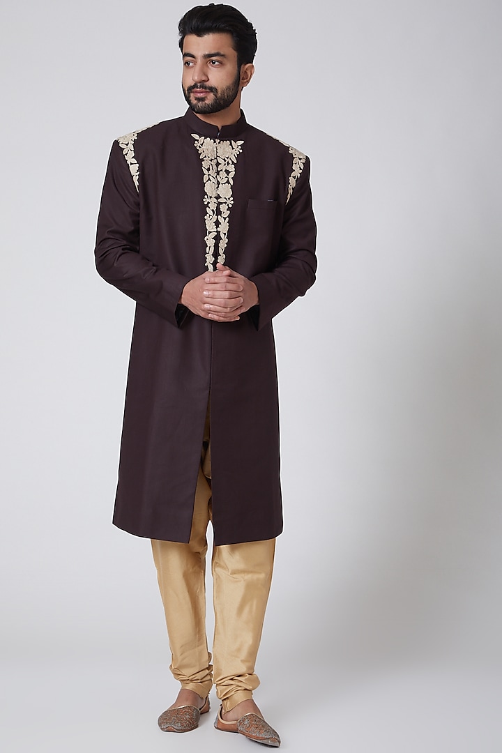 Brown Embroidered Indowestern Jacket by YAJY By Aditya Jain