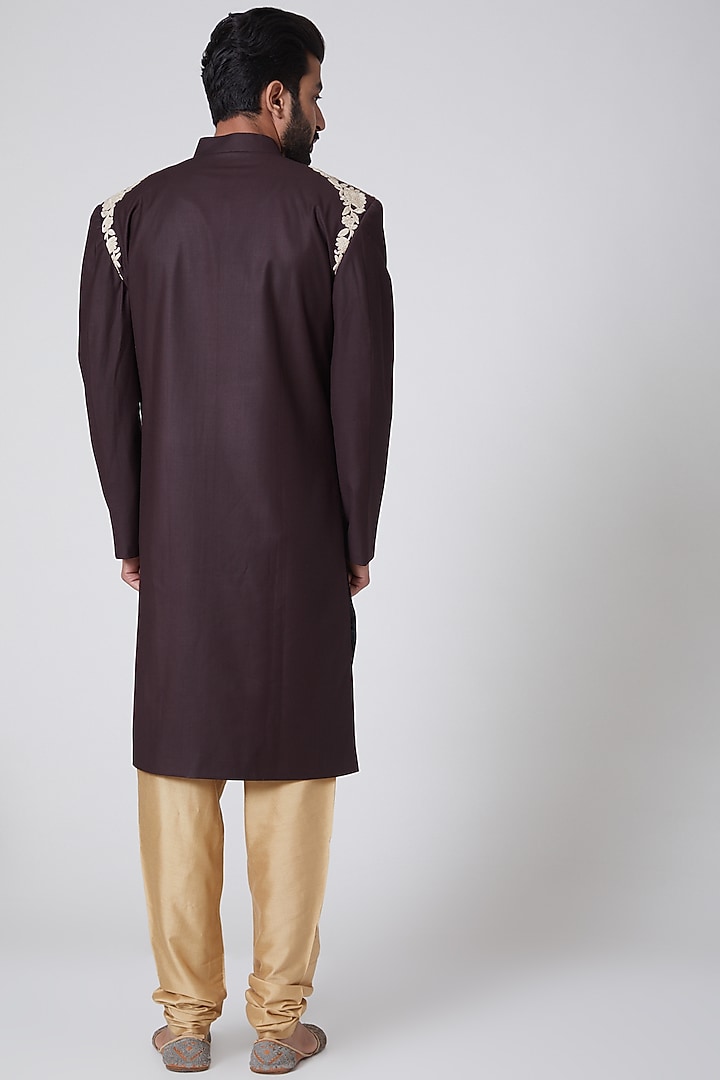 Brown Italian Suiting Thread Embroidered Indo-Western Jacket by YAJY By Aditya Jain at Pernia's Pop Up Shop