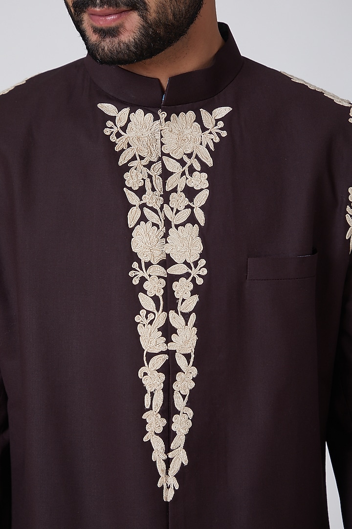 Brown Italian Suiting Thread Embroidered Indo-Western Jacket by YAJY By Aditya Jain at Pernia's Pop Up Shop