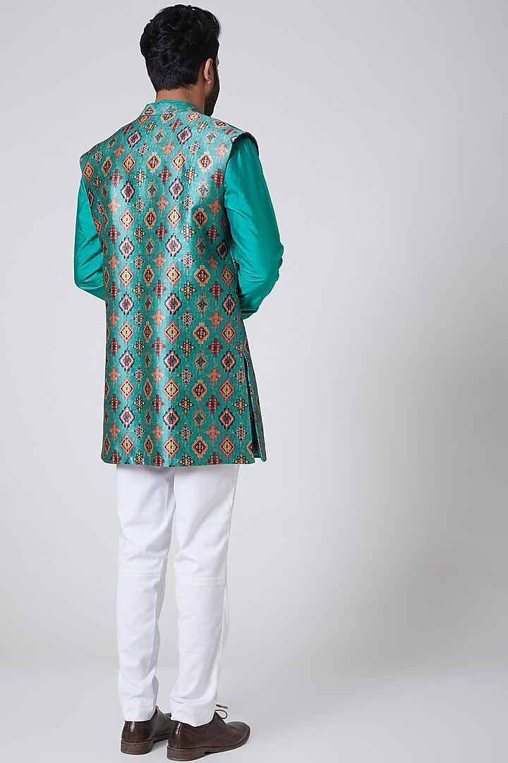 Turquoise Chanderi Printed Indo-Western Jacket by YAJY By Aditya Jain at Pernia's Pop Up Shop