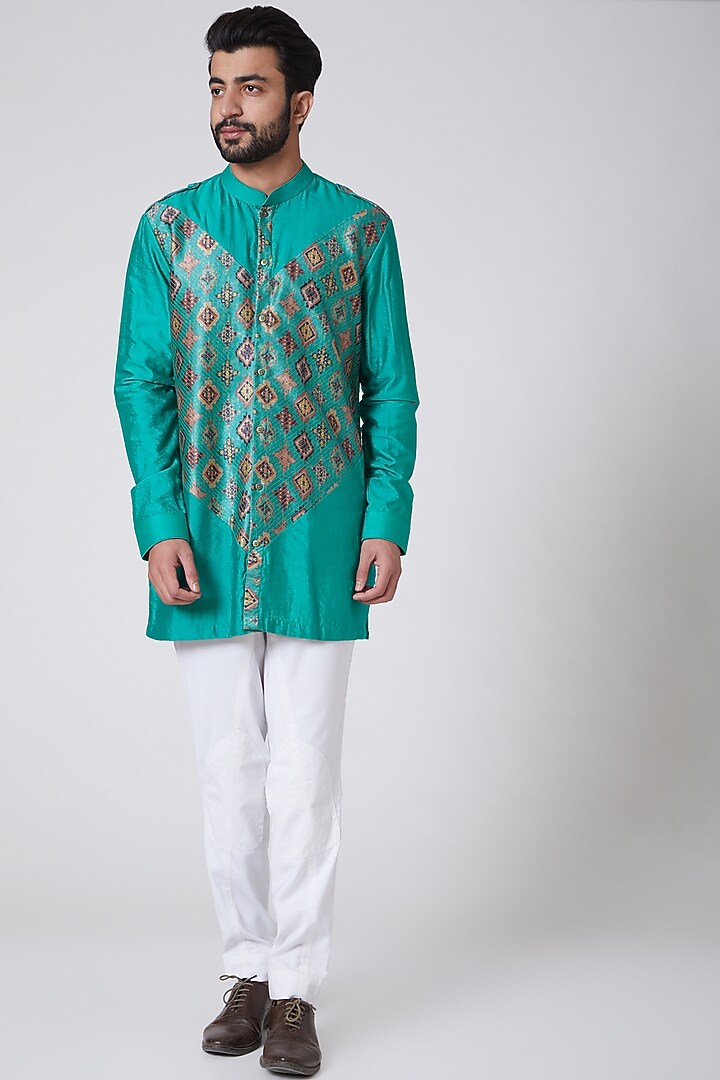 Turquoise Chanderi Printed Indo-Western Jacket by YAJY By Aditya Jain at Pernia's Pop Up Shop