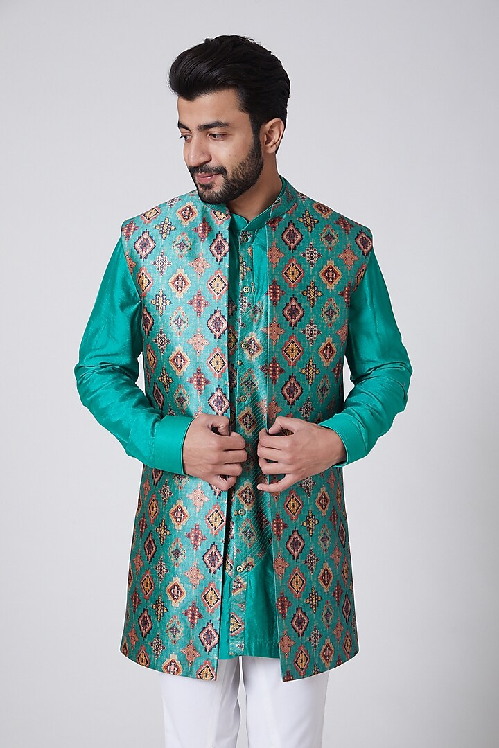 Turquoise Chanderi Printed Indo-Western Jacket by YAJY By Aditya Jain at Pernia's Pop Up Shop