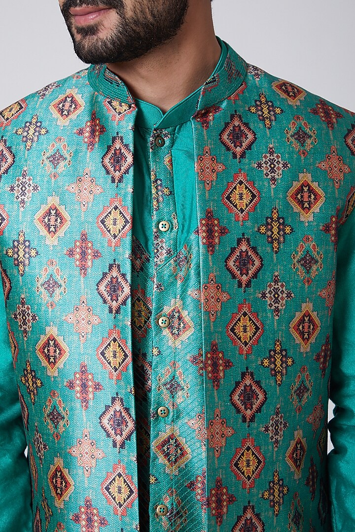 Turquoise Chanderi Printed Indo-Western Jacket by YAJY By Aditya Jain at Pernia's Pop Up Shop