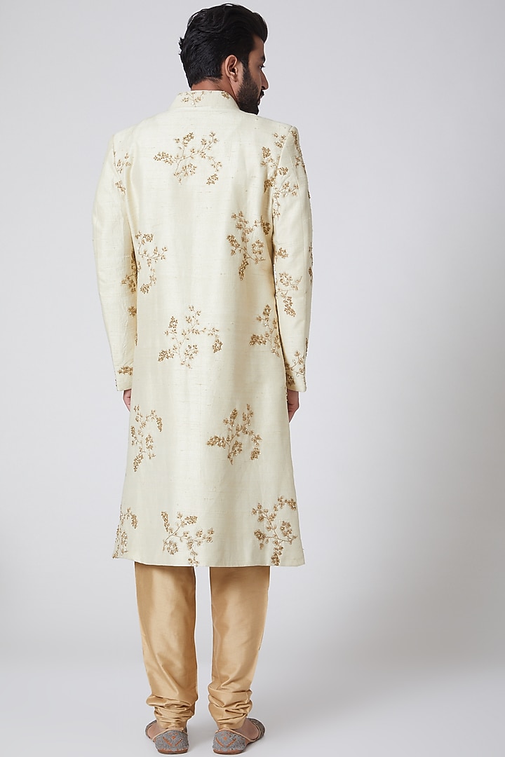 White Embroidered Raw Silk Wedding Sherwani by YAJY By Aditya Jain at Pernia's Pop Up Shop