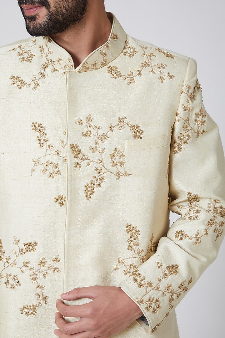 White Embroidered Raw Silk Wedding Sherwani by YAJY By Aditya Jain at Pernia's Pop Up Shop