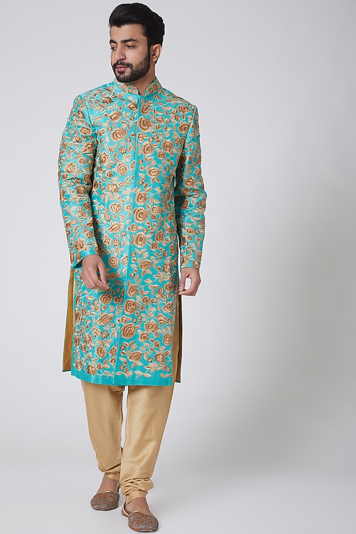 Sky Blue Embroidered Raw Silk Wedding Sherwani by YAJY By Aditya Jain at Pernia's Pop Up Shop