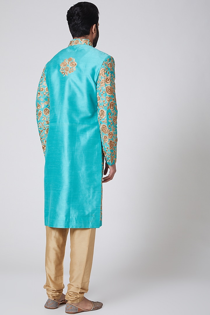 Sky Blue Embroidered Raw Silk Wedding Sherwani by YAJY By Aditya Jain at Pernia's Pop Up Shop