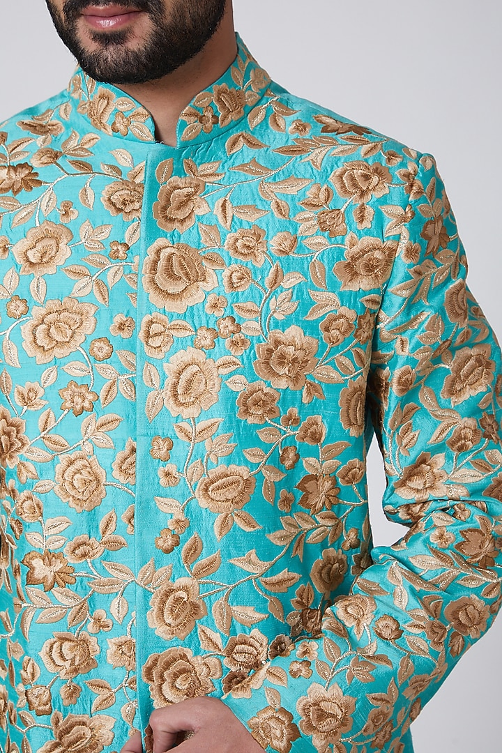 Sky Blue Embroidered Raw Silk Wedding Sherwani by YAJY By Aditya Jain at Pernia's Pop Up Shop
