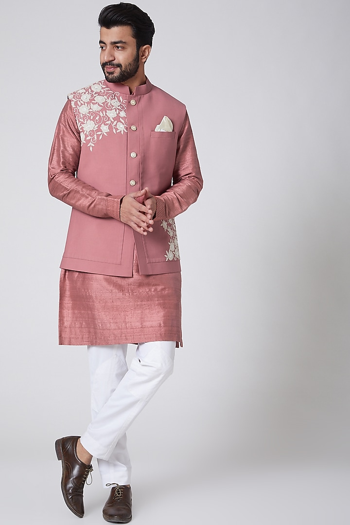 Blush Pink Silk Kurta With Embroidered Jacket by YAJY By Aditya Jain
