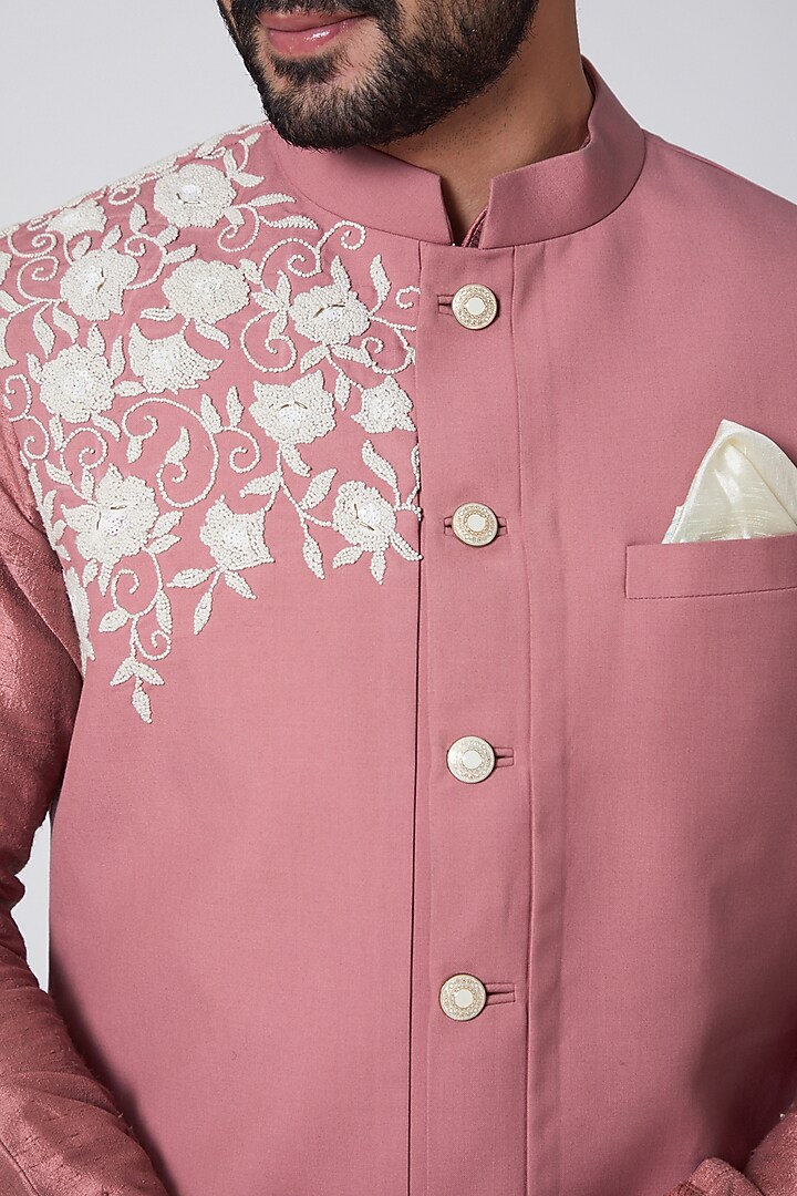 Blush Pink Silk Kurta With Embroidered Jacket by YAJY By Aditya Jain at Pernia's Pop Up Shop