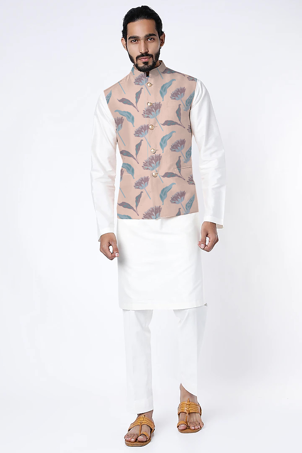 Peach Raw Silk Printed Nehru Jacket by Yashodhara Men at Pernia's Pop Up Shop