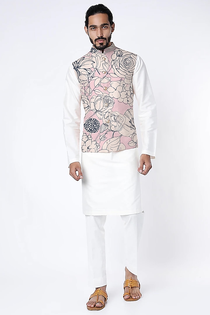 Pastel Peach Printed Nehru Jacket by Yashodhara Men