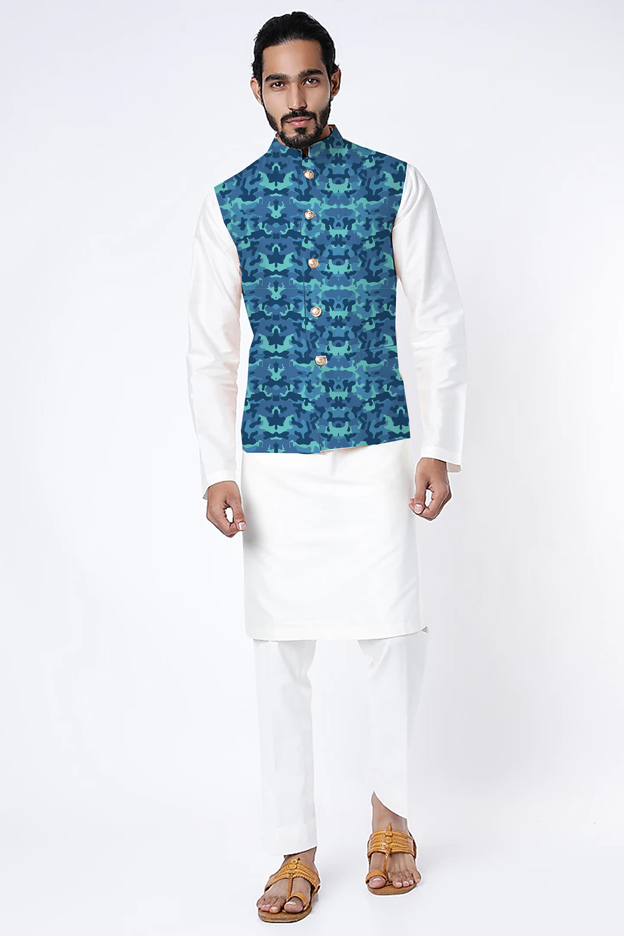 Blue Raw Silk Printed Nehru Jacket by Yashodhara Men at Pernia's Pop Up Shop