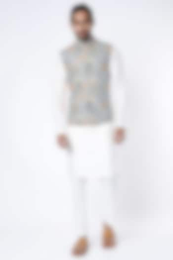 Cloudy Grey Raw Silk Nehru Jacket by Yashodhara Men