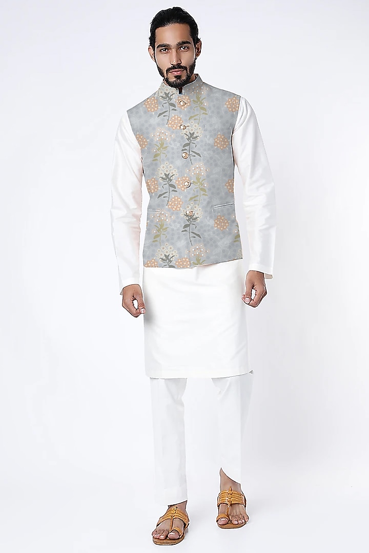 Cloudy Grey Raw Silk Nehru Jacket by Yashodhara Men