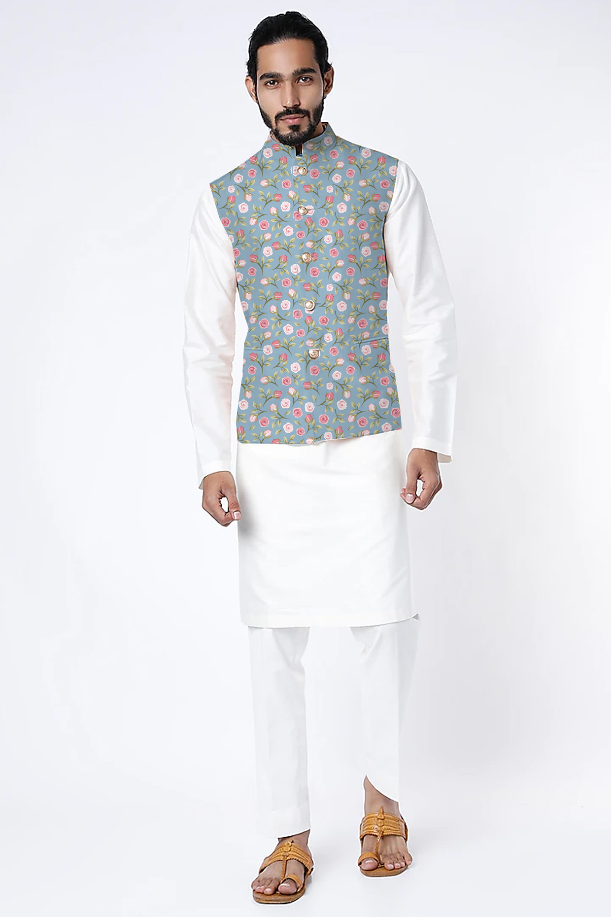 Blue Raw Silk Printed Nehru Jacket by Yashodhara Men at Pernia's Pop Up Shop