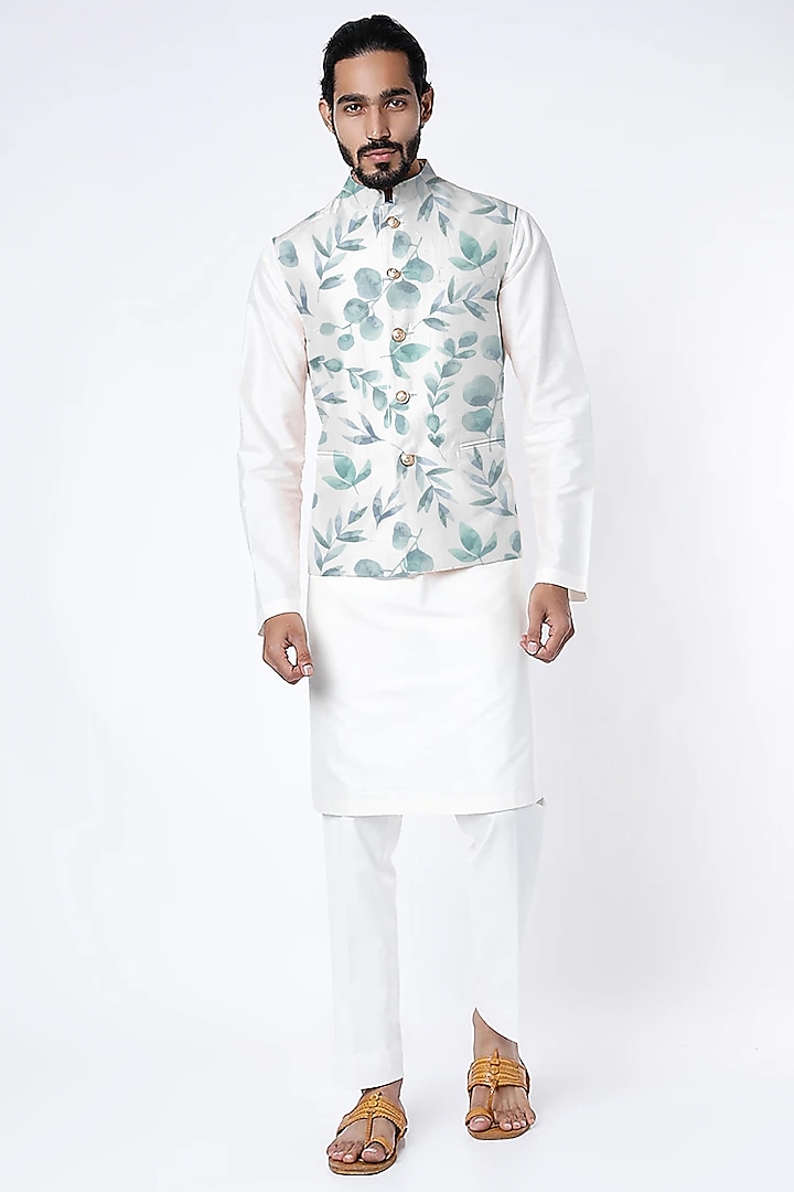 White Raw Silk Printed Nehru Jacket by Yashodhara Men