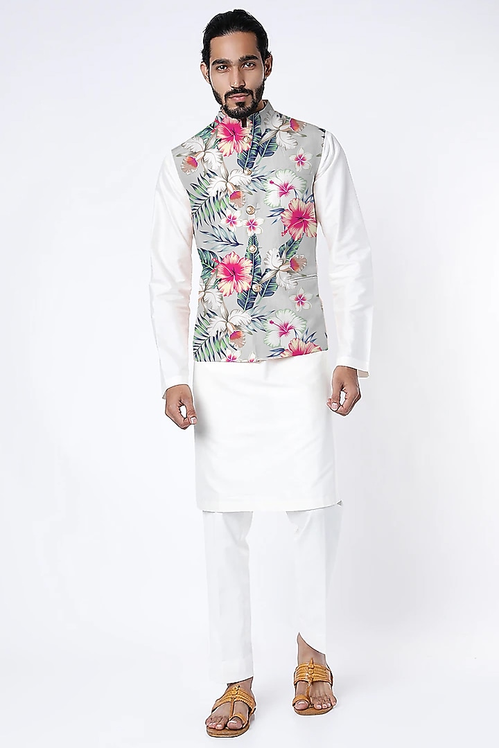 Grey Floral Printed Nehru Jacket by Yashodhara Men