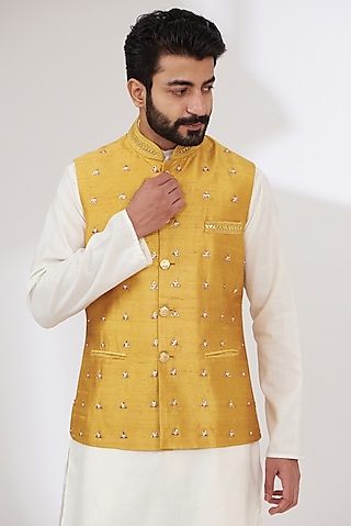 Mustard Yellow Raw Silk Embroidered Nehru Jacket by Yashodhara Men