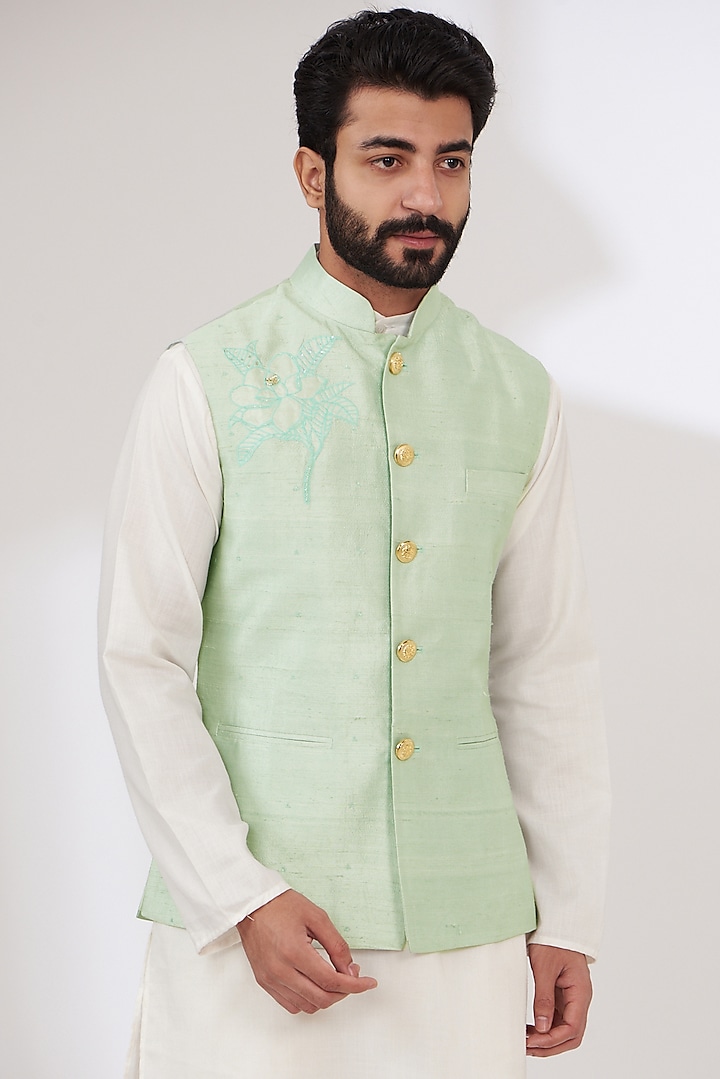 Aqua Raw Silk Embroidered Nehru Jacket by Yashodhara Men
