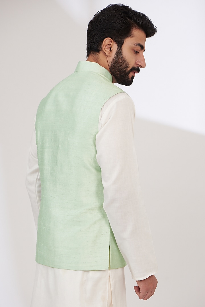 Aqua Raw Silk Embroidered Nehru Jacket by Yashodhara Men at Pernia's Pop Up Shop