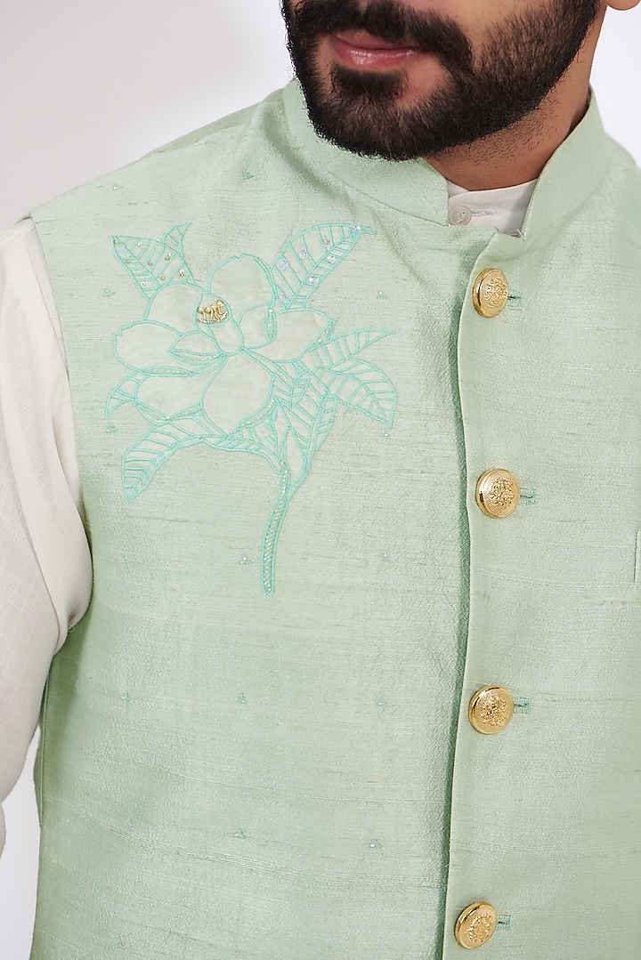 Aqua Raw Silk Embroidered Nehru Jacket by Yashodhara Men at Pernia's Pop Up Shop