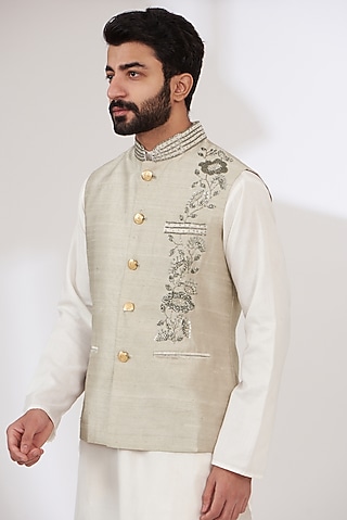 Grey Raw Silk Embroidered Nehru Jacket by Yashodhara Men