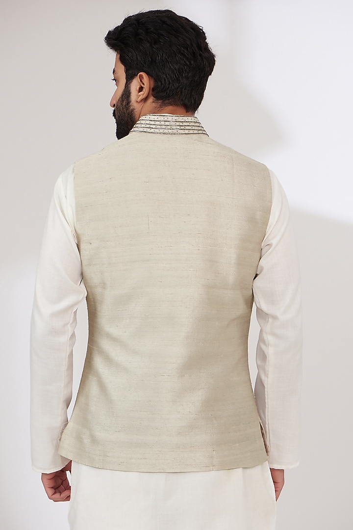 Grey Raw Silk Embroidered Nehru Jacket by Yashodhara Men at Pernia's Pop Up Shop