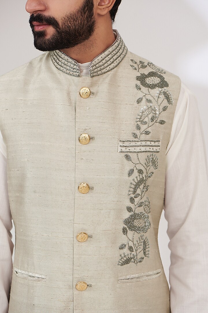 Grey Raw Silk Embroidered Nehru Jacket by Yashodhara Men at Pernia's Pop Up Shop