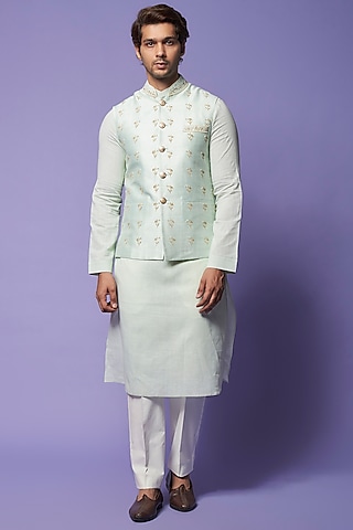 Mint Green Raw Silk Embroidered Bundi Jacket by Yashodhara Men