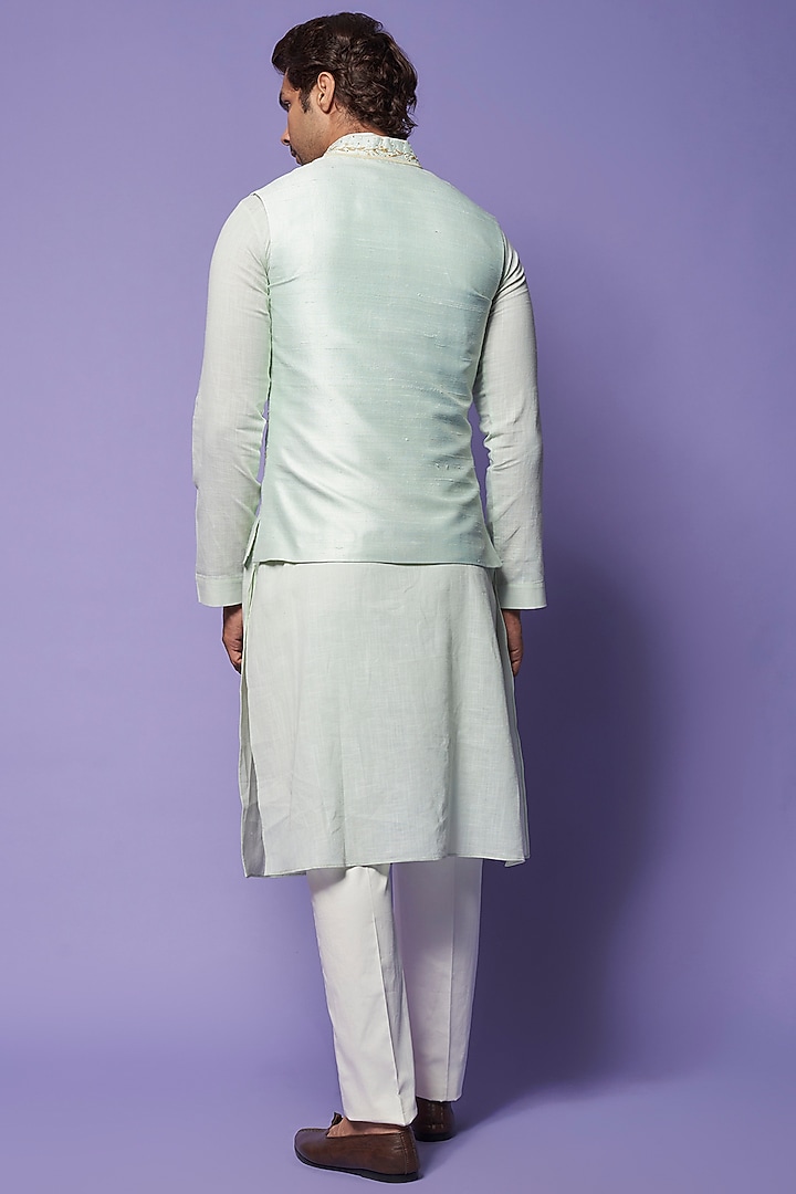 Mint Green Raw Silk Embroidered Bundi Jacket by Yashodhara Men at Pernia's Pop Up Shop