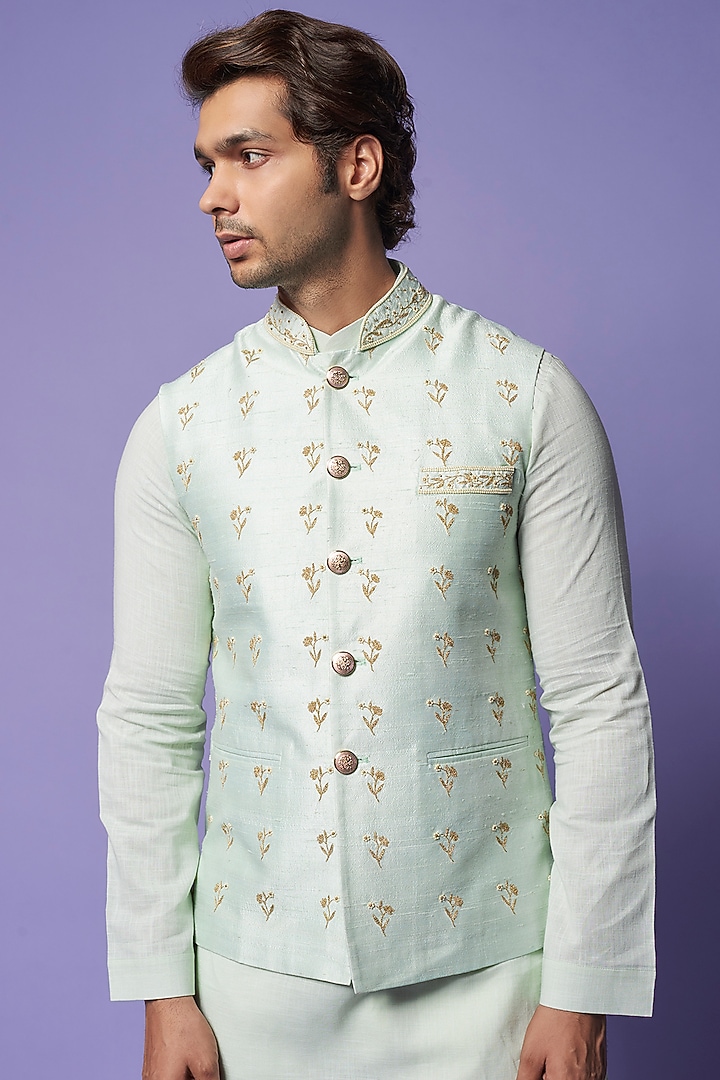 Mint Green Raw Silk Embroidered Bundi Jacket by Yashodhara Men at Pernia's Pop Up Shop