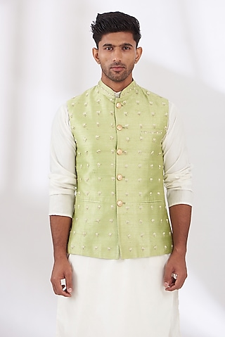 Jade Raw Silk Embroidered Nehru Jacket by Yashodhara Men