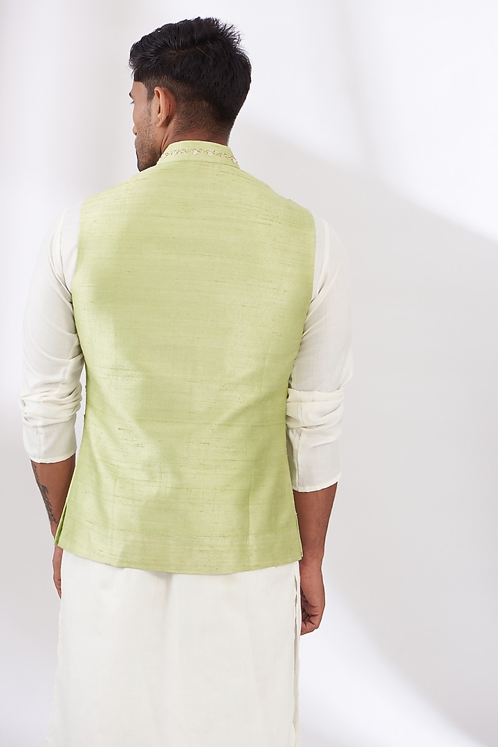 Jade Raw Silk Embroidered Nehru Jacket by Yashodhara Men at Pernia's Pop Up Shop