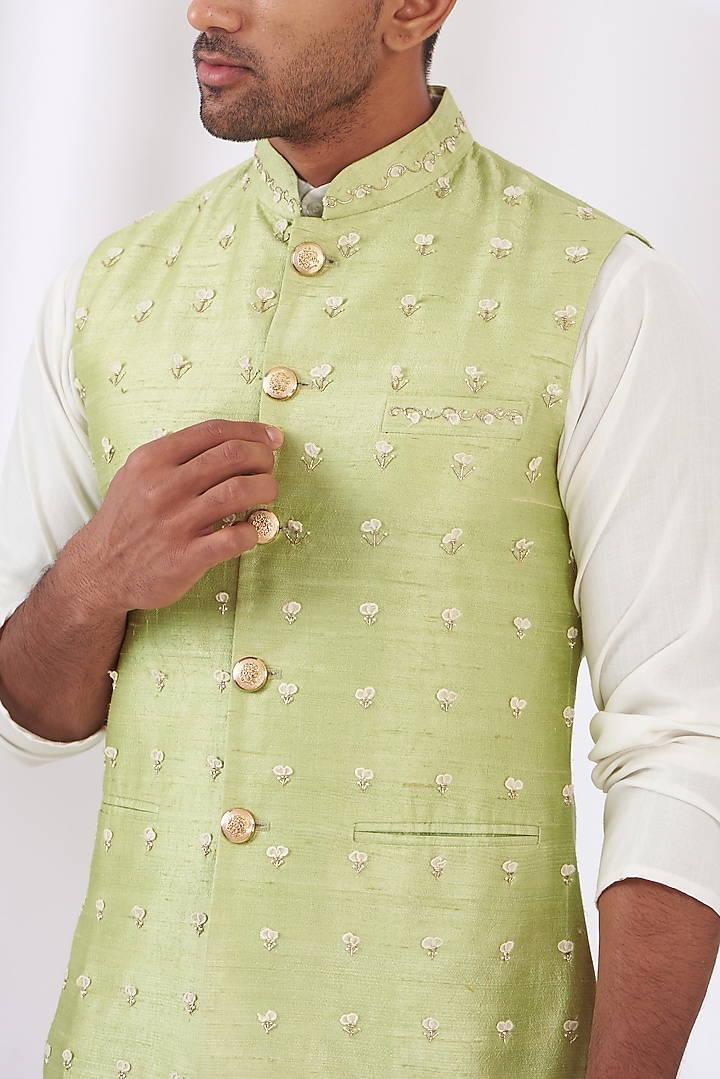 Jade Raw Silk Embroidered Nehru Jacket by Yashodhara Men at Pernia's Pop Up Shop