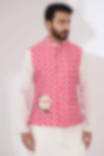 Dark Pink Raw Silk Printed Nehru Jacket by Yashodhara Men