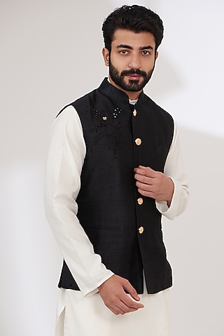 Black Raw Silk Embroidered Nehru Jacket by Yashodhara Men