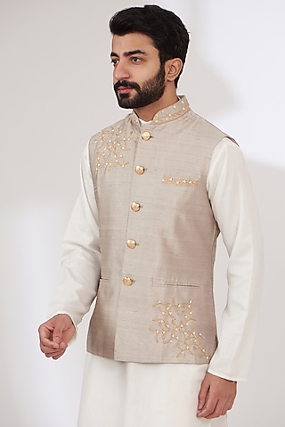 Grey Raw Silk Embroidered Nehru Jacket by Yashodhara Men